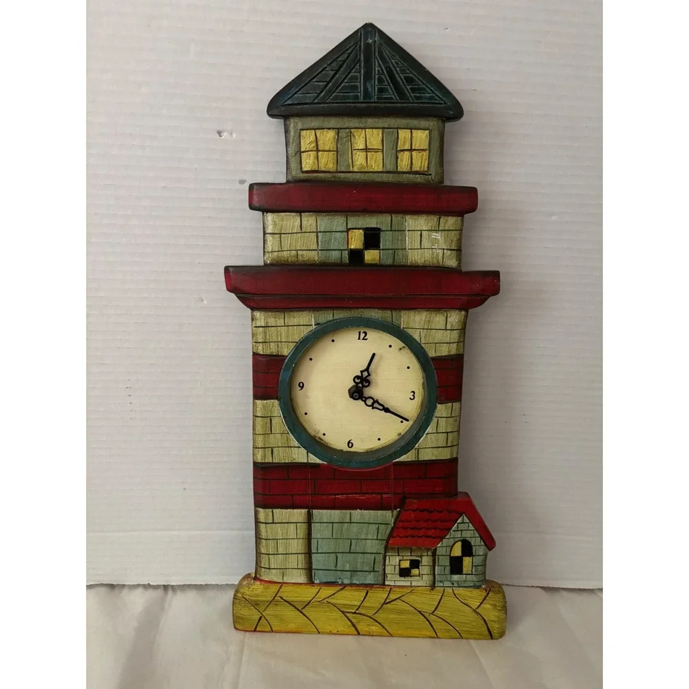 Vintage Nautical Lighthouse Wood Wall Clock Hand Painted Folk Art Coastal Decor